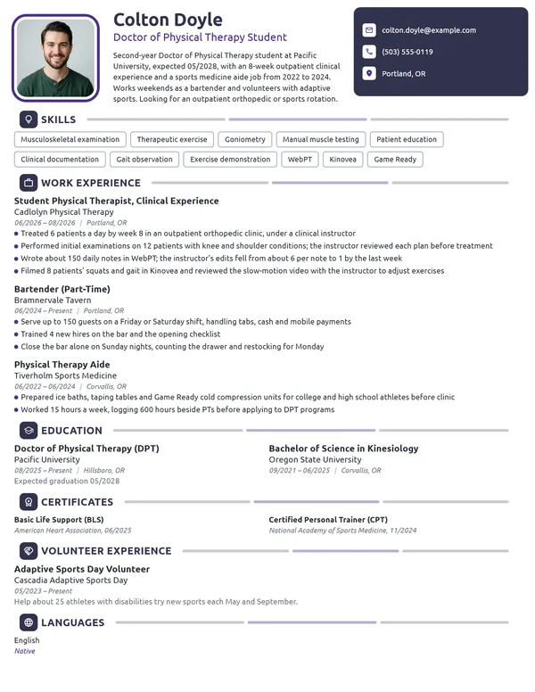 Physical Therapy Student resume example