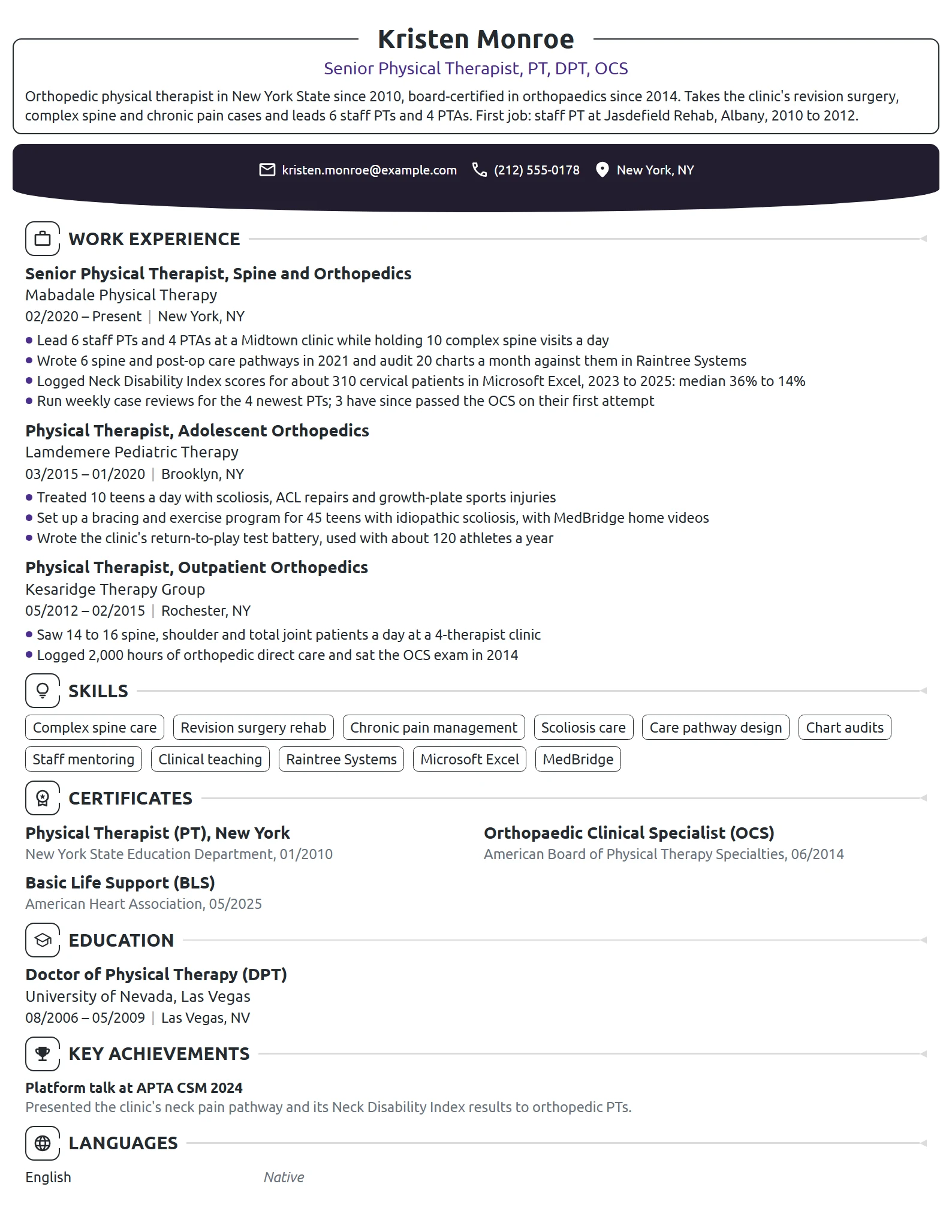 Senior Physical Therapist resume example