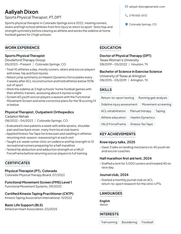 Sports Physical Therapist resume example