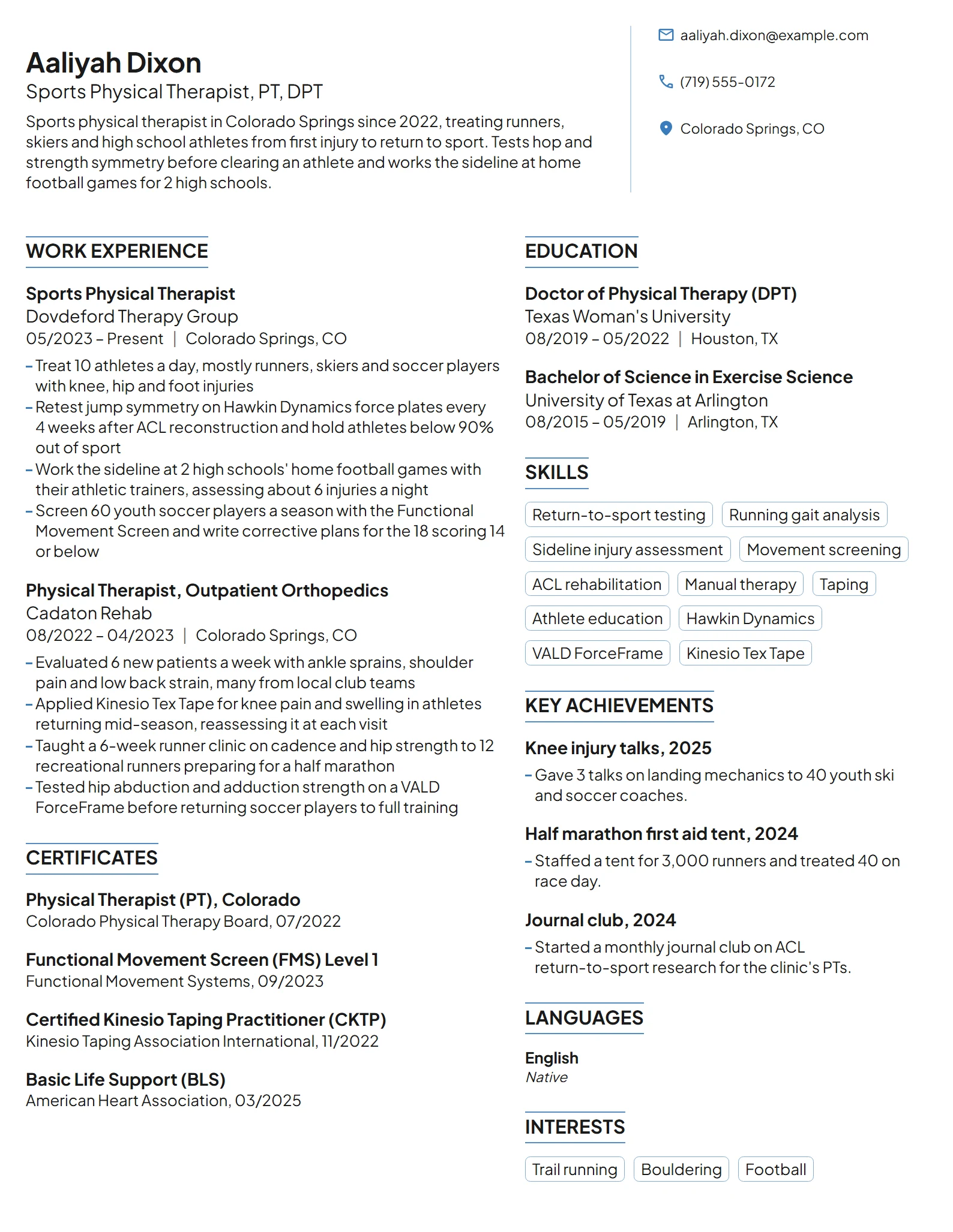 Sports Physical Therapist resume example
