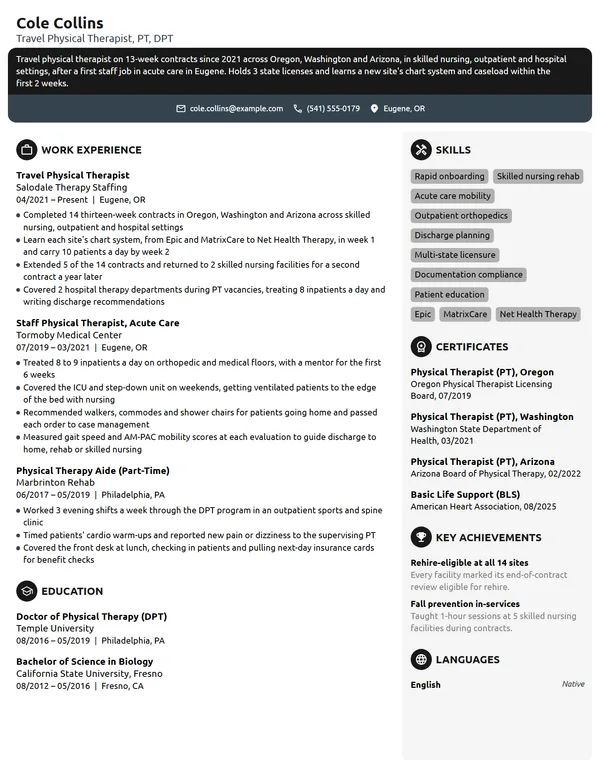Travel Physical Therapist resume example