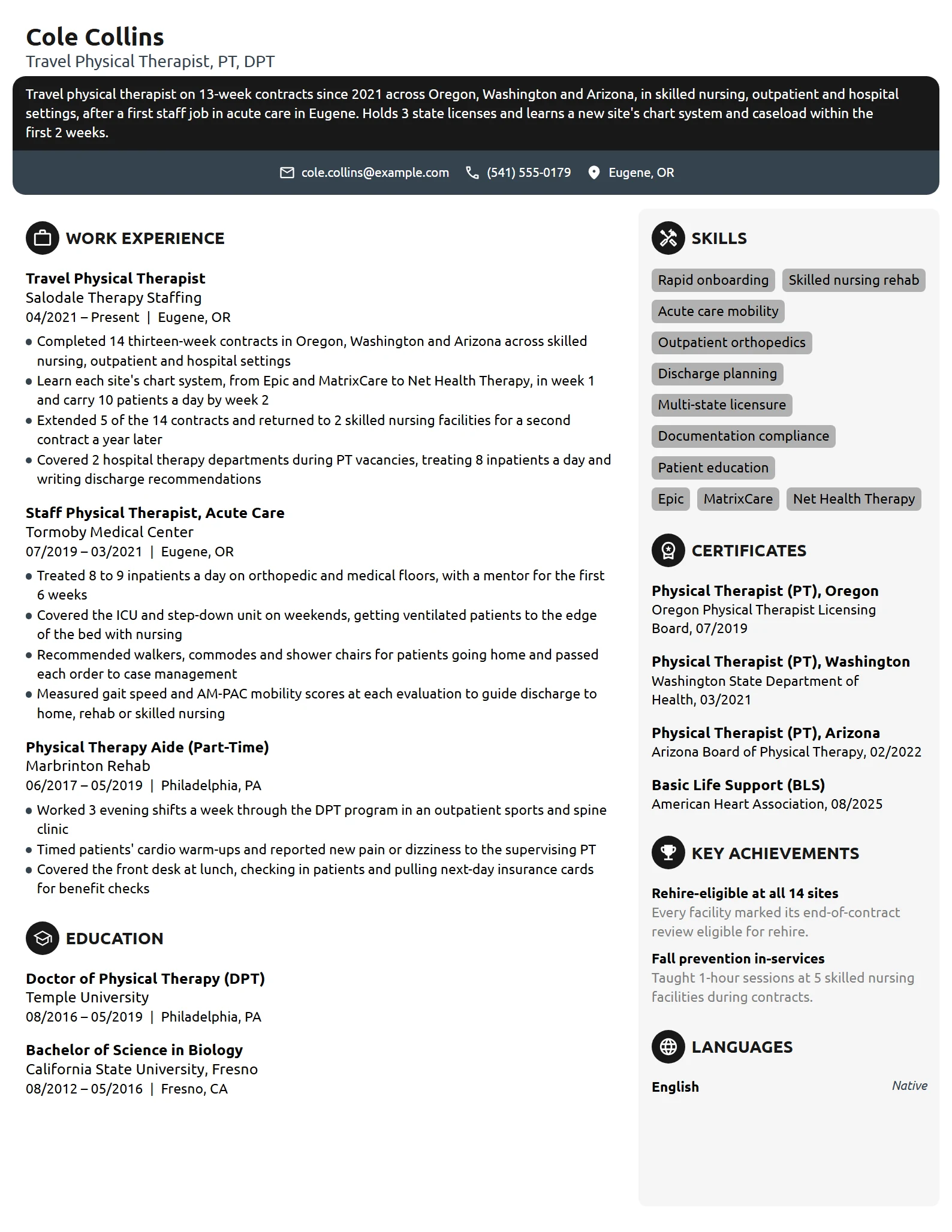 Travel Physical Therapist resume example