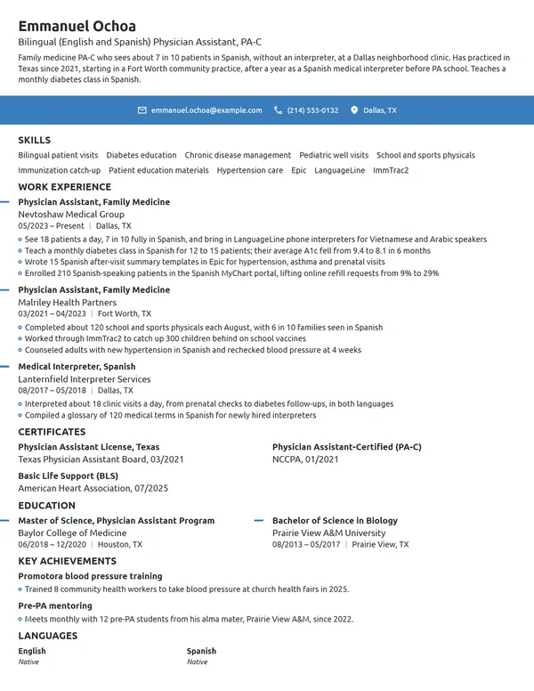 Bilingual Physician Assistant resume example