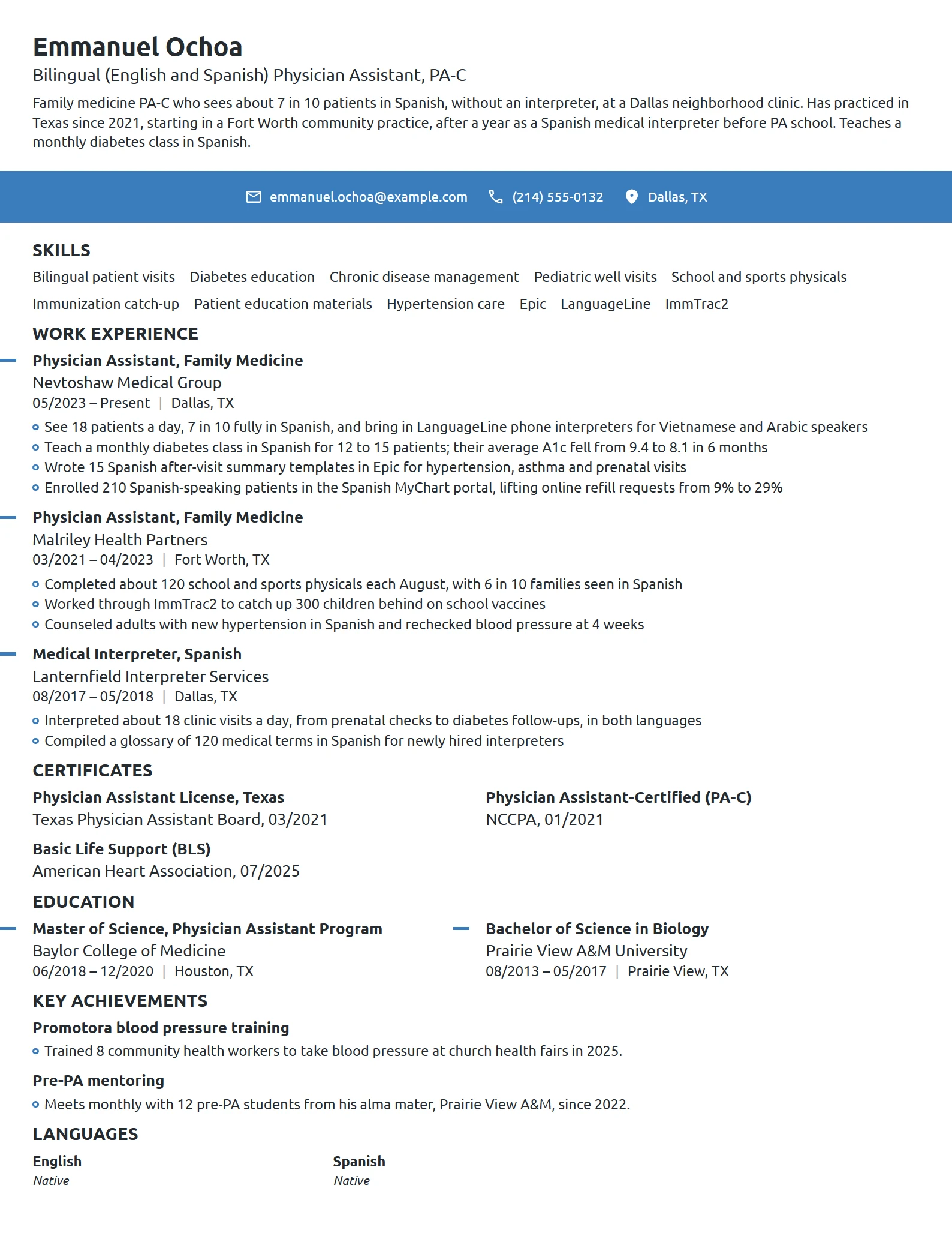 Bilingual Physician Assistant resume example