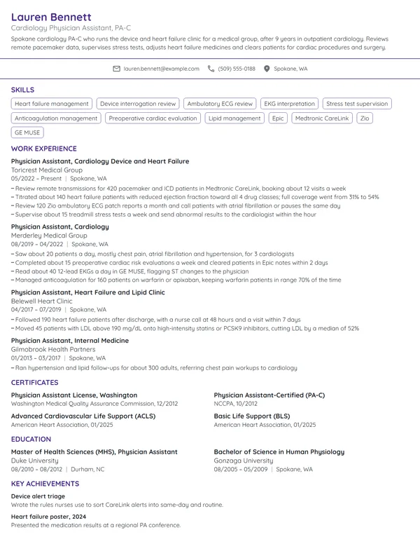 Cardiology Physician Assistant resume example
