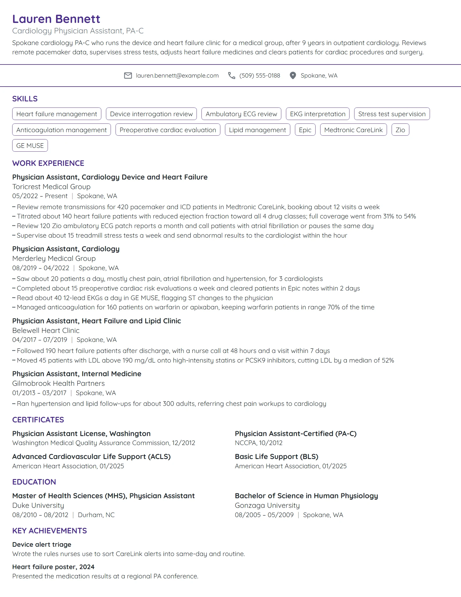 Cardiology Physician Assistant resume example