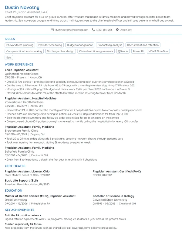 Chief Physician Assistant resume example