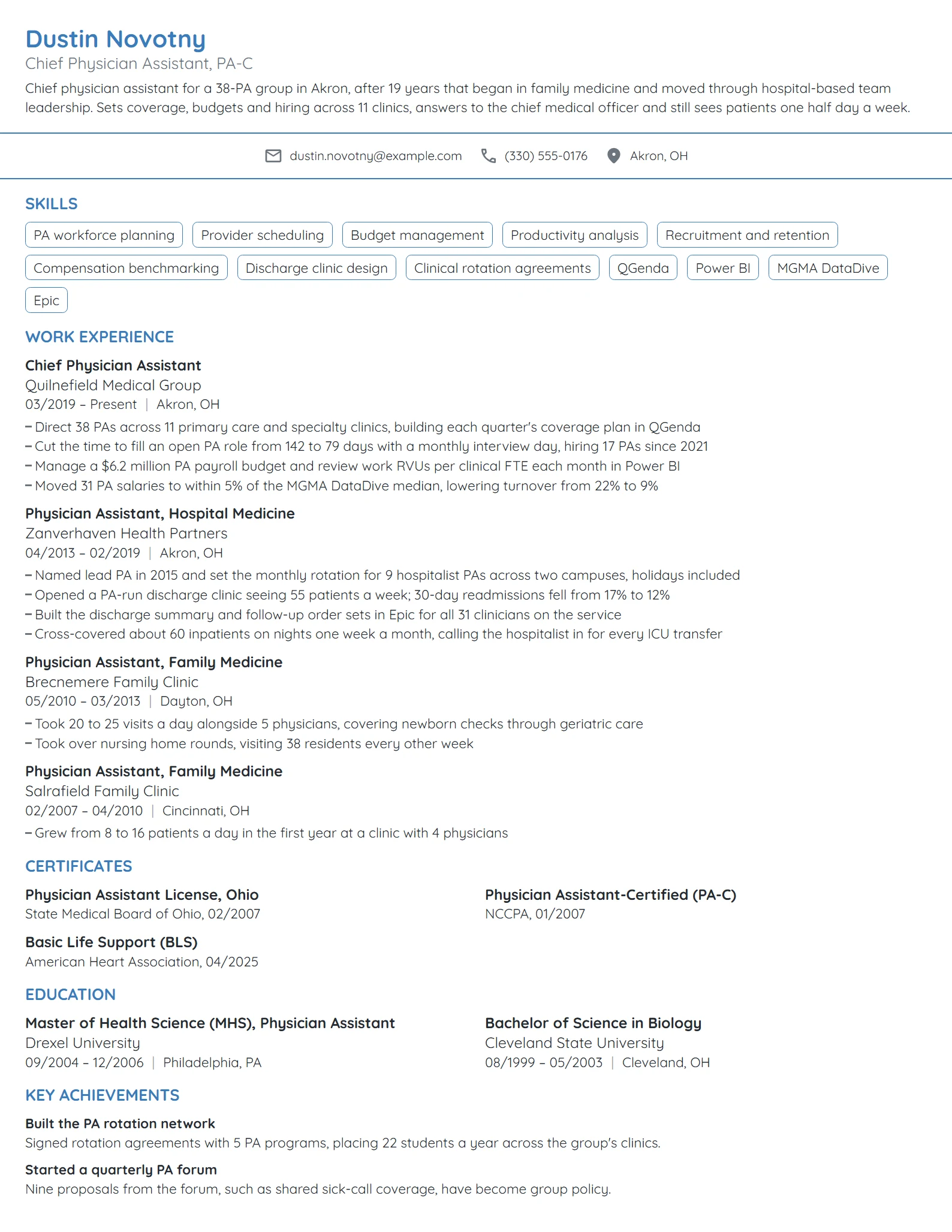 Chief Physician Assistant resume example
