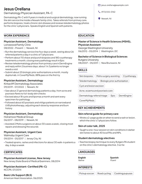 Dermatology Physician Assistant resume example