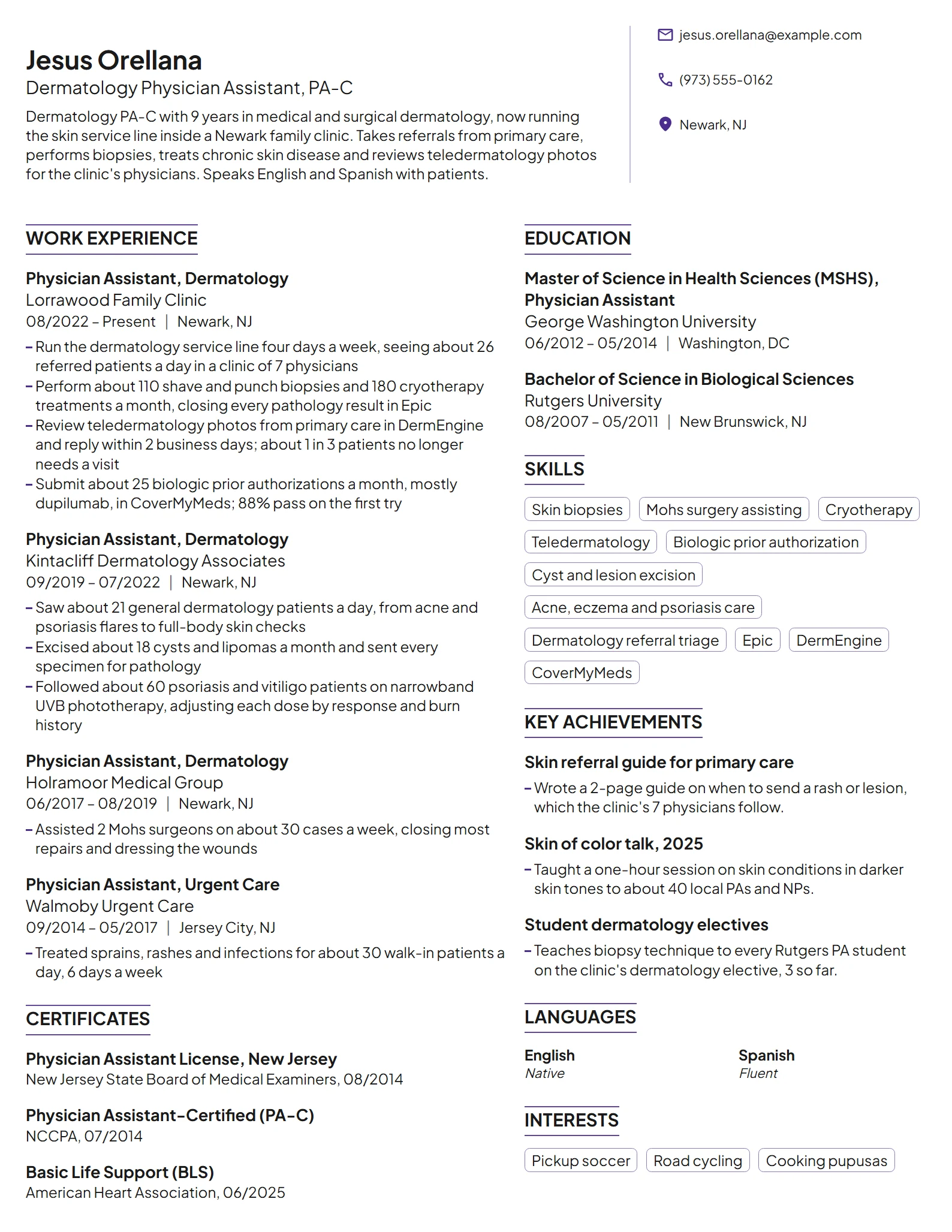 Dermatology Physician Assistant resume example
