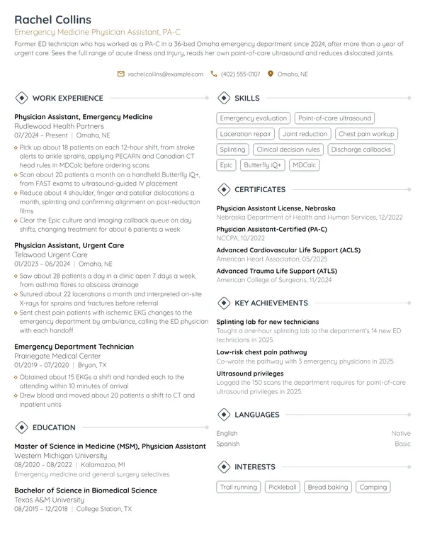Emergency Medicine Physician Assistant resume example