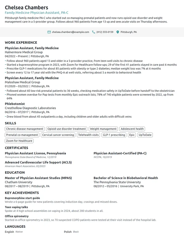 Family Medicine Physician Assistant resume example