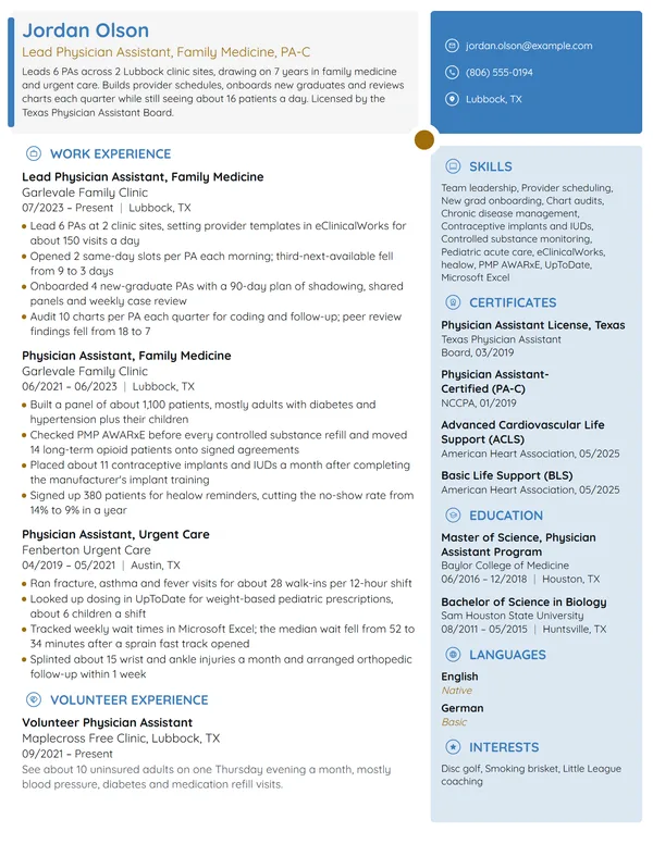 Lead Physician Assistant resume example