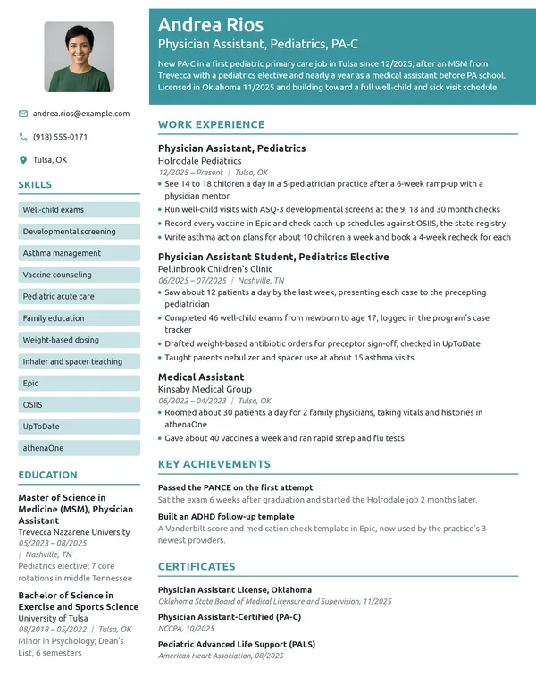 New Grad Physician Assistant resume example