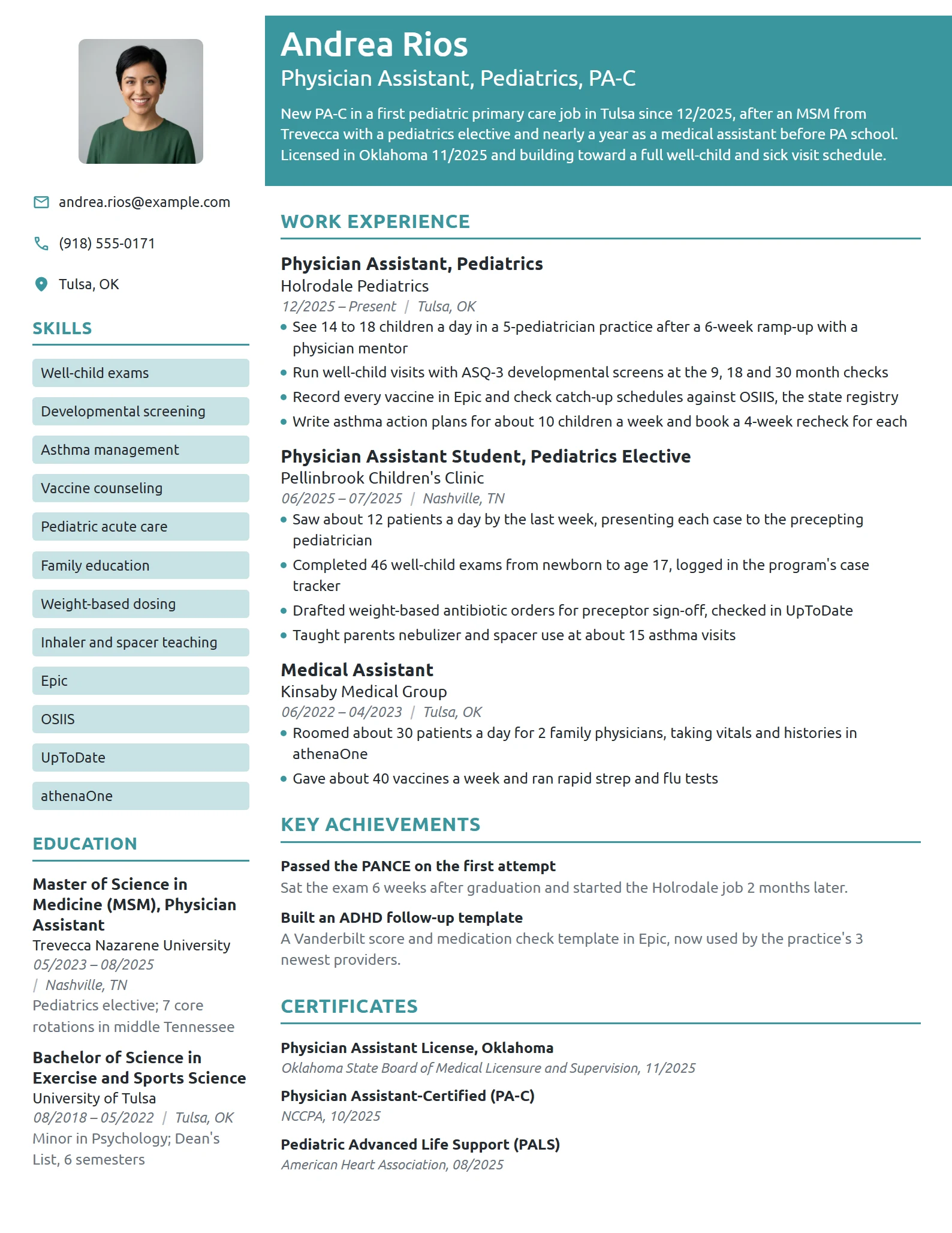 New Grad Physician Assistant resume example