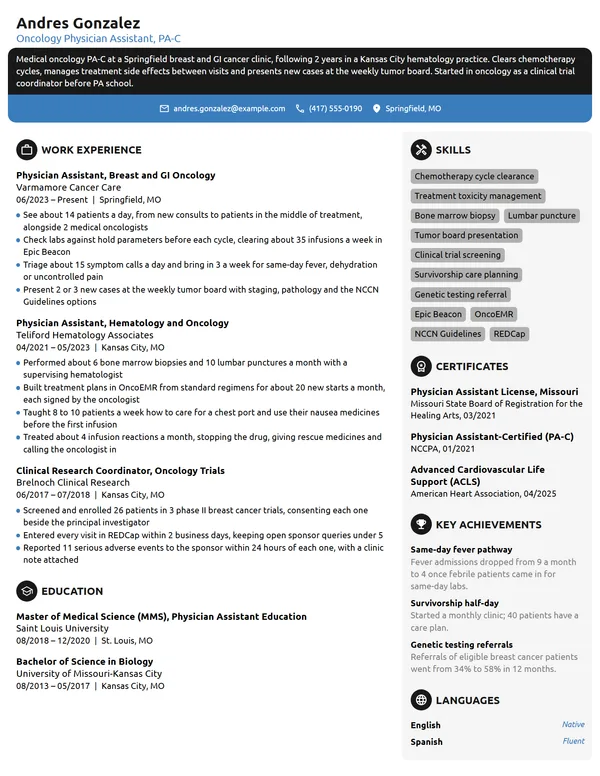 Oncology Physician Assistant resume example