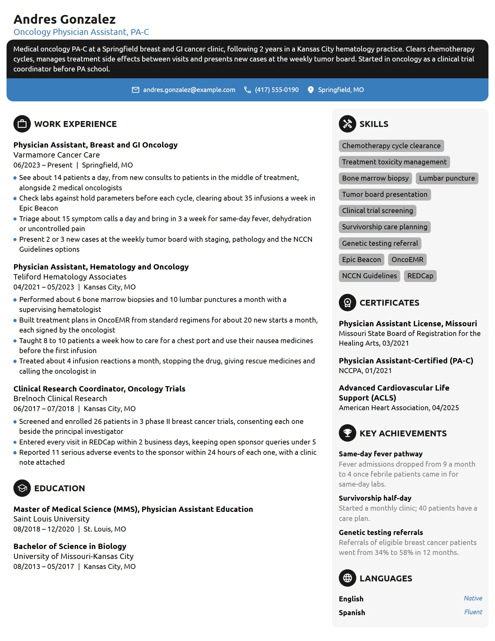 Oncology Physician Assistant resume example