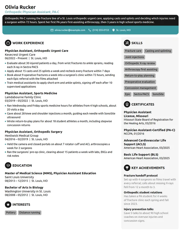 Orthopedic Physician Assistant resume example