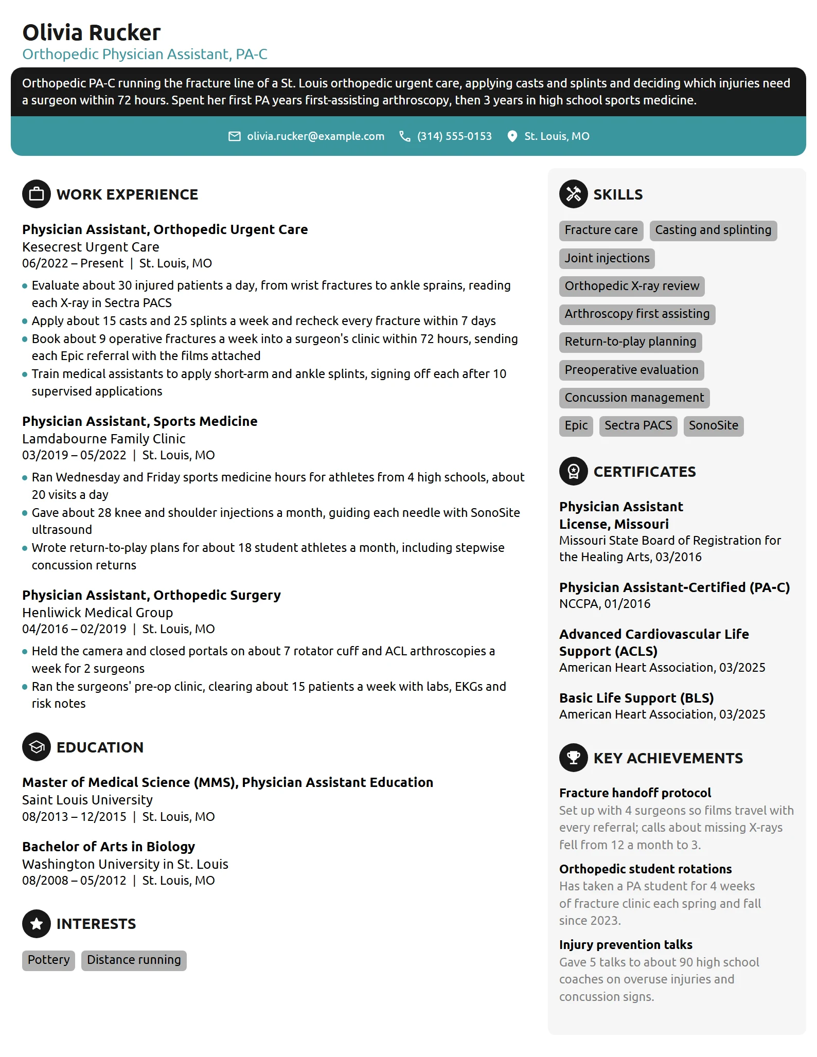 Orthopedic Physician Assistant resume example