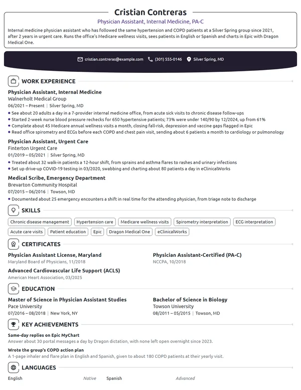 Physician Assistant resume example