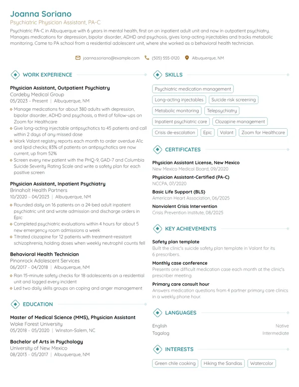 Psychiatric Physician Assistant resume example
