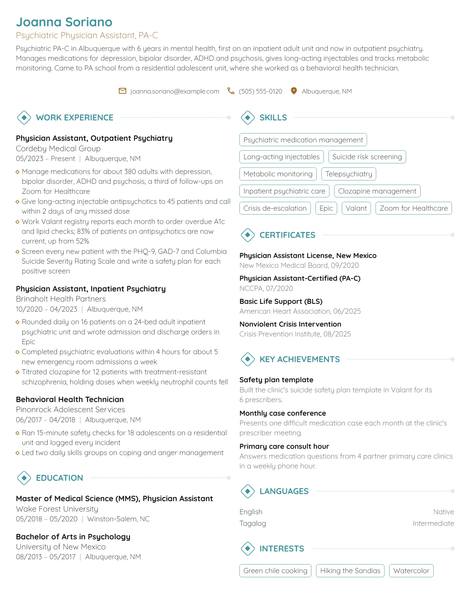 Psychiatric Physician Assistant resume example