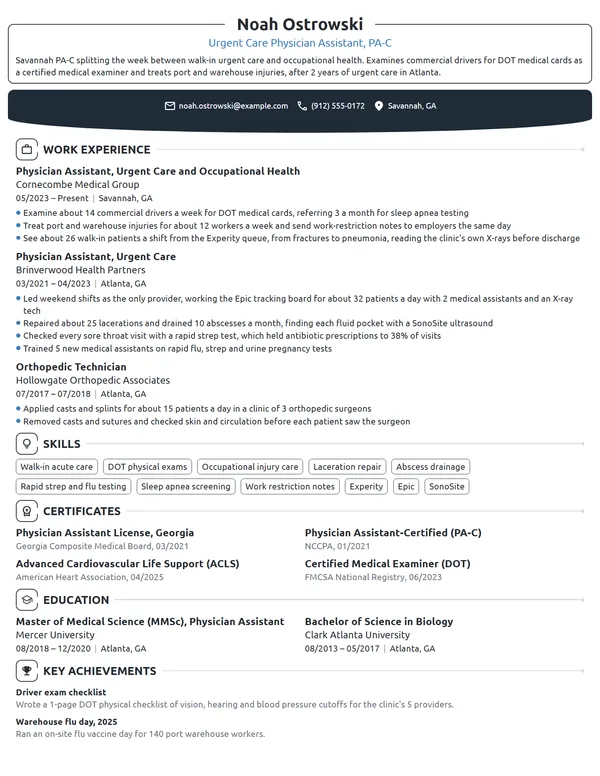 Urgent Care Physician Assistant resume example