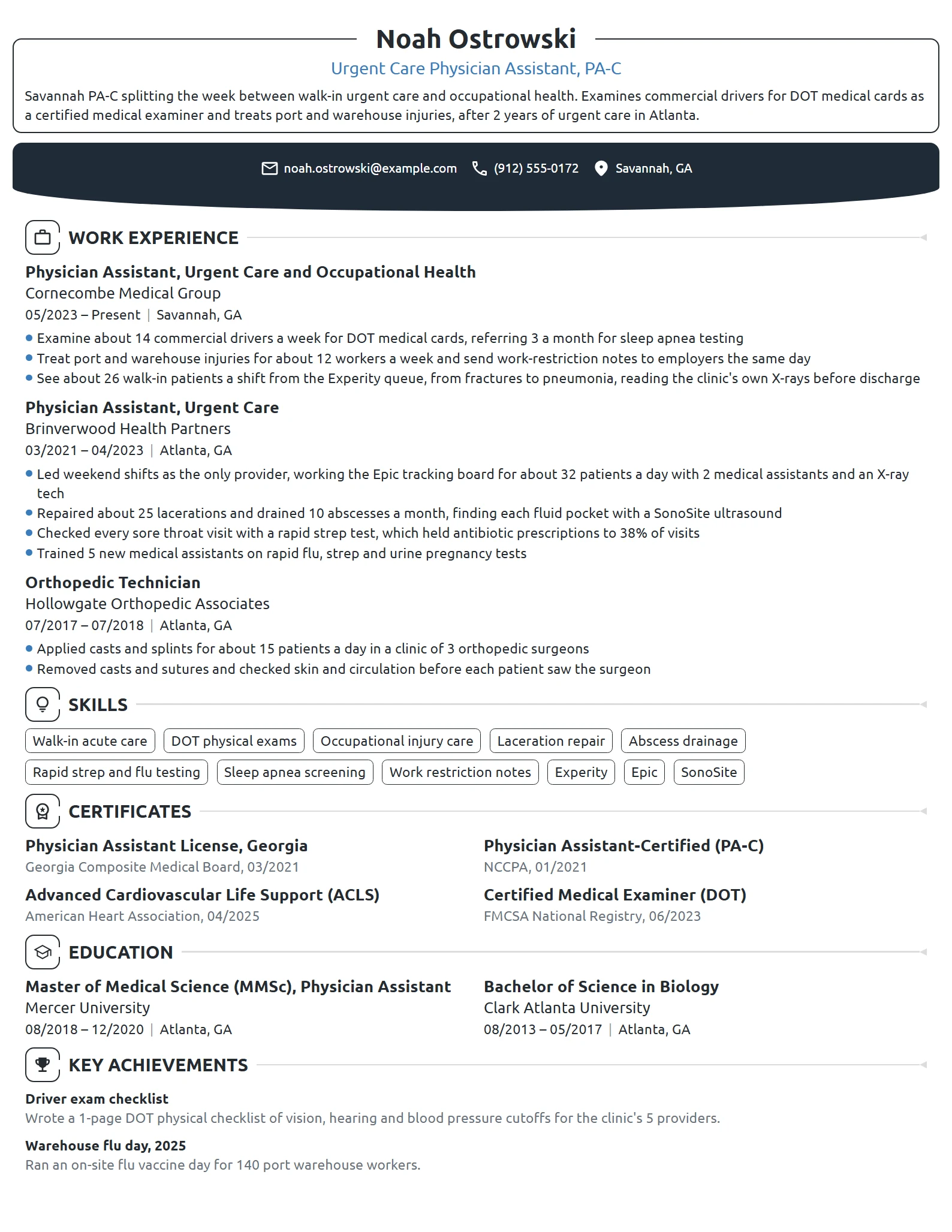 Urgent Care Physician Assistant resume example