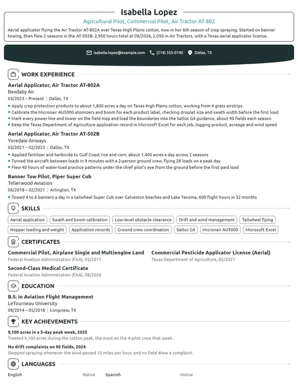 Agricultural Pilot resume example