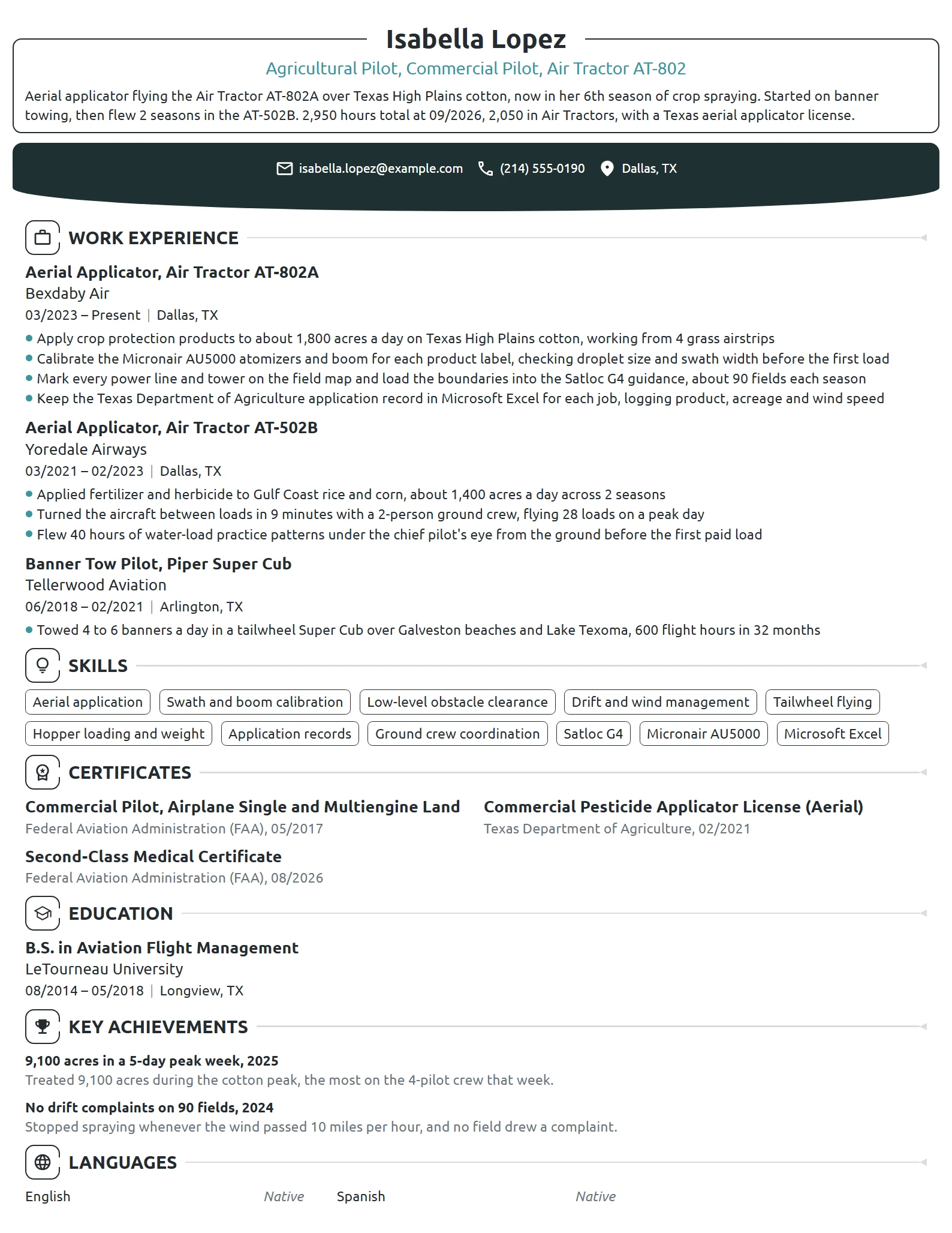 Agricultural Pilot resume example