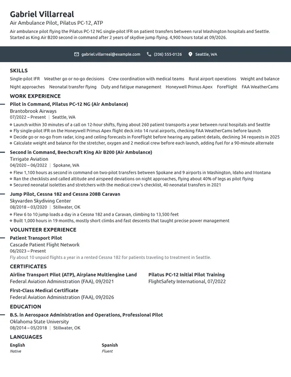 Air Ambulance Pilot resume example