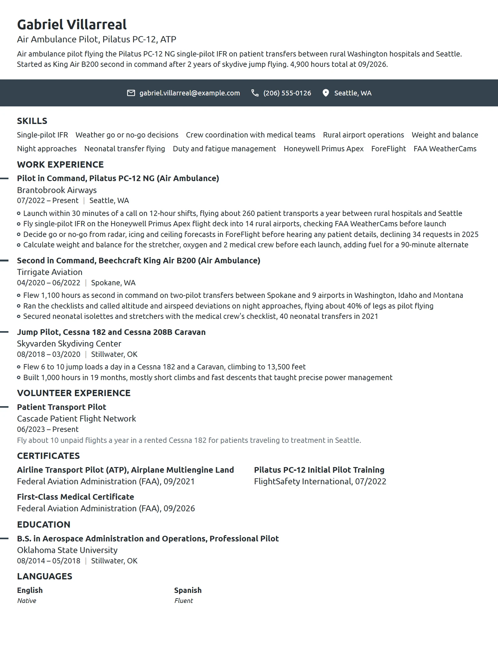 Air Ambulance Pilot resume example
