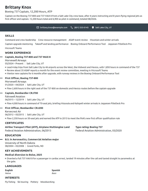 Airline Captain resume example