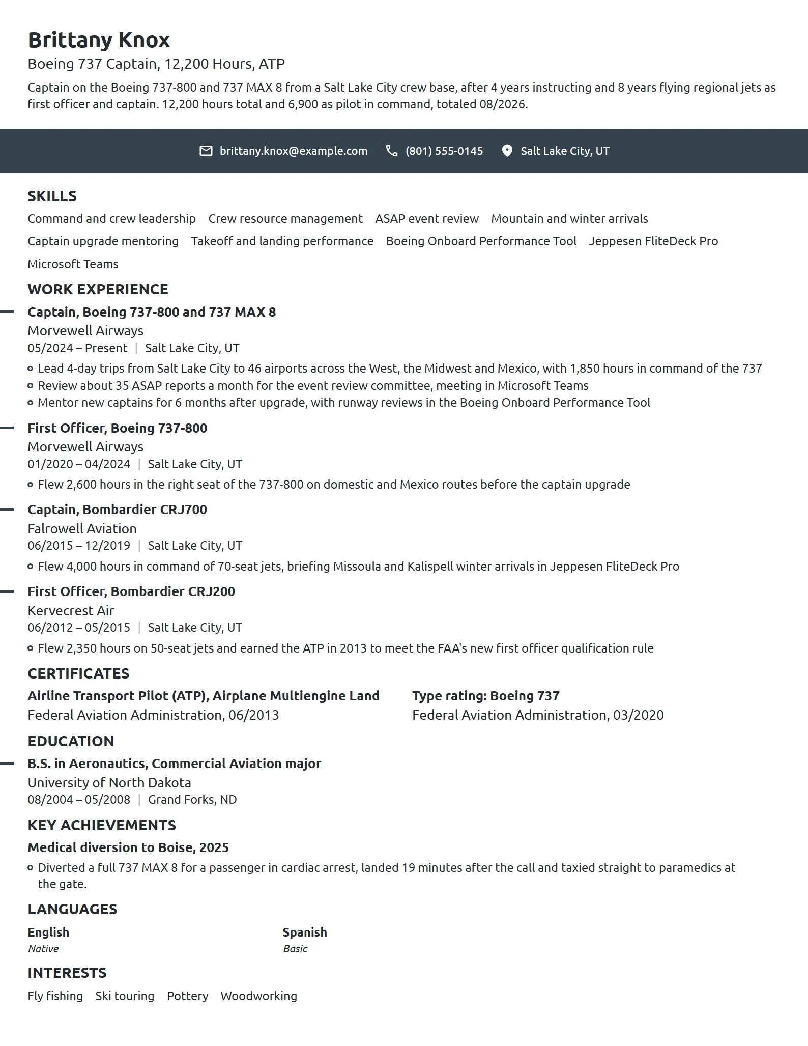 Airline Captain resume example