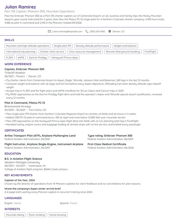 Charter Pilot resume example