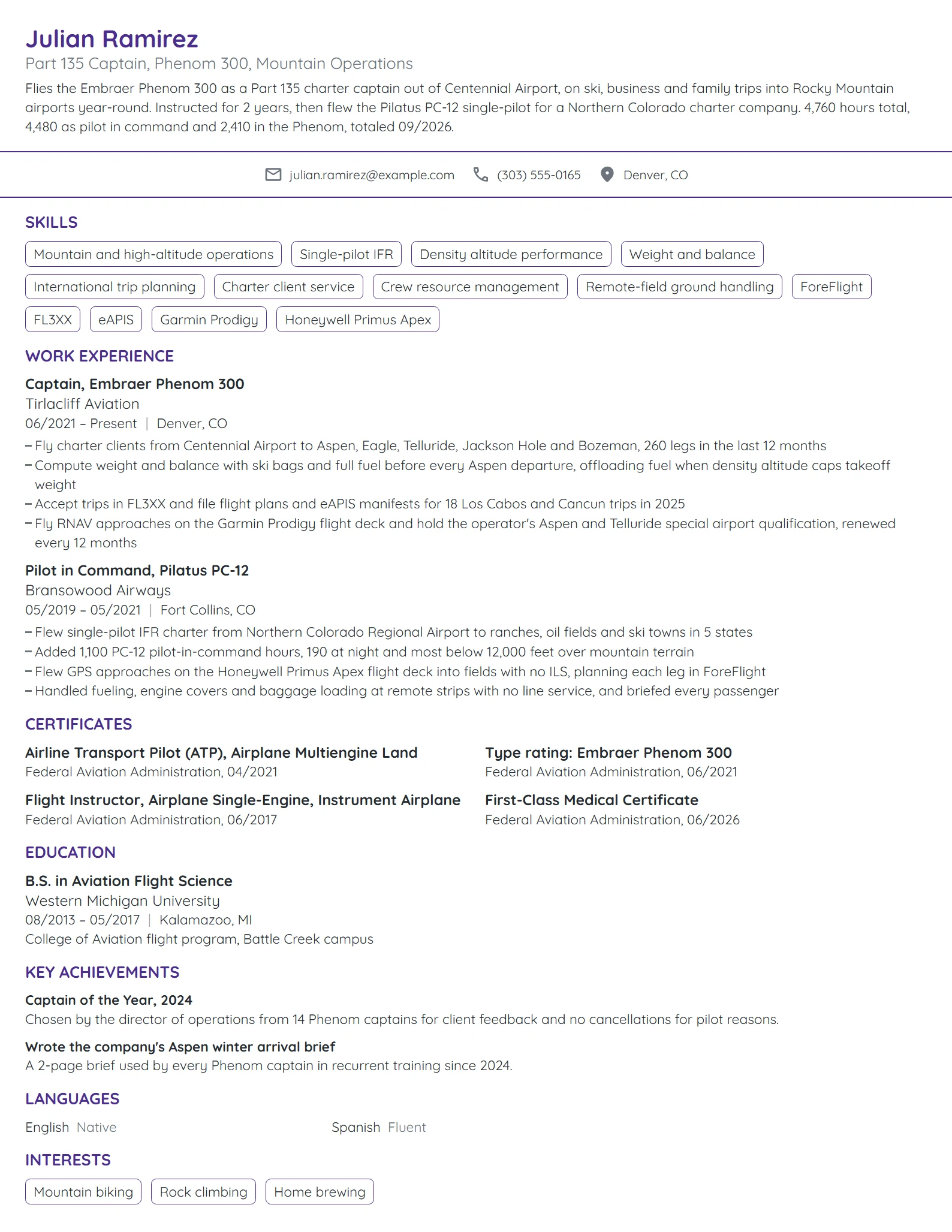 Charter Pilot resume example