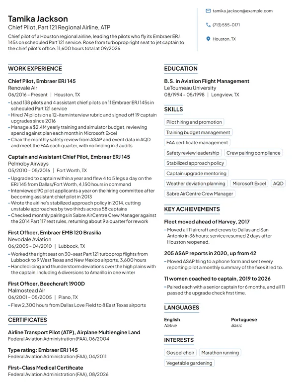 Chief Pilot resume example