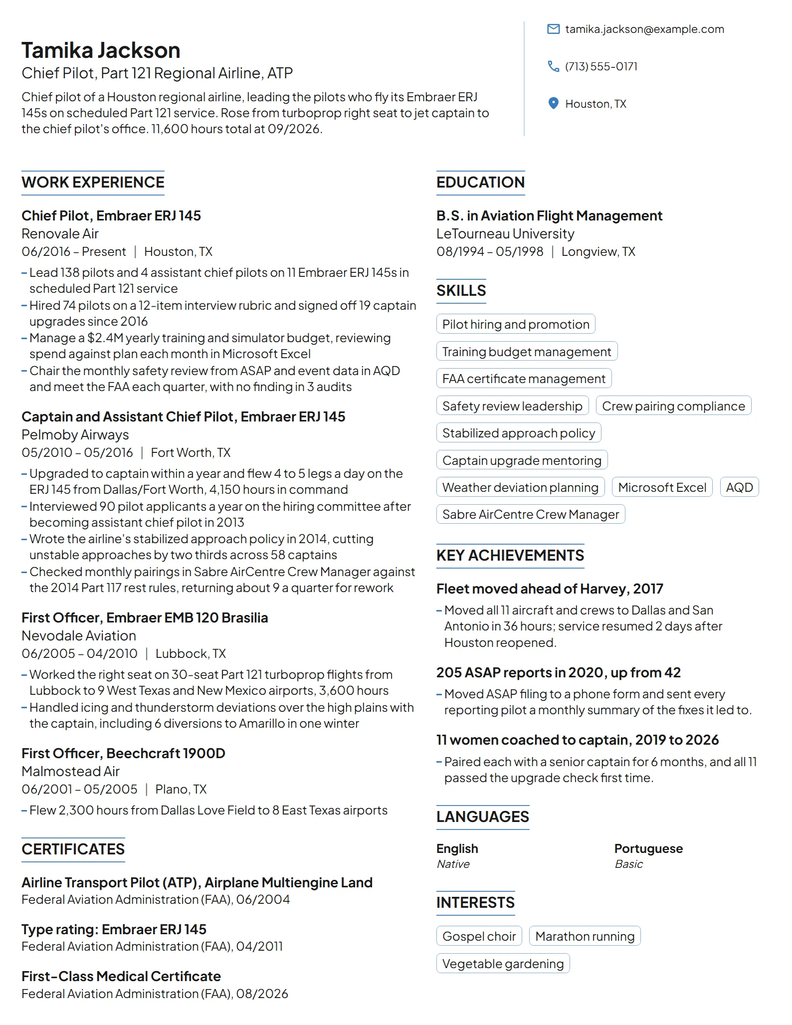 Chief Pilot resume example