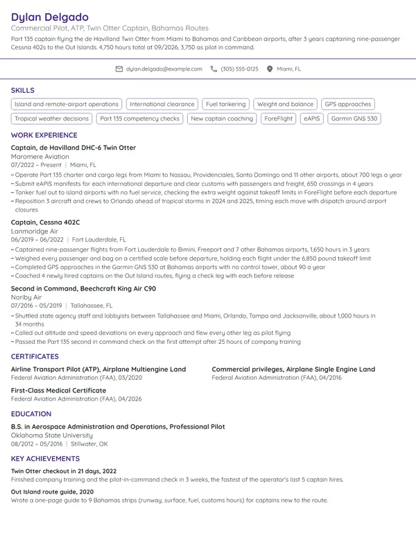 Commercial Pilot resume example