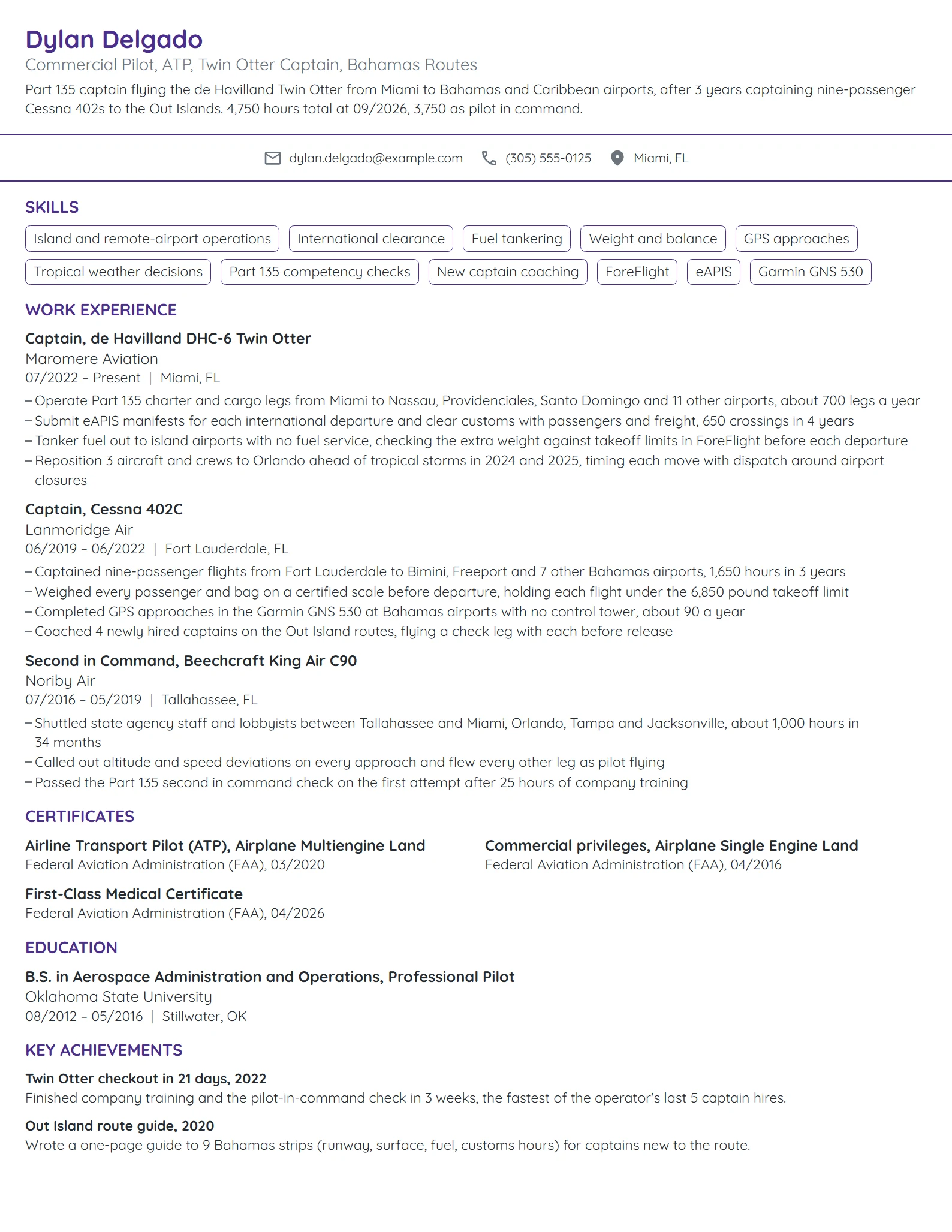 Commercial Pilot resume example