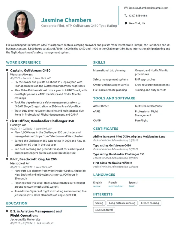 Corporate Pilot resume example