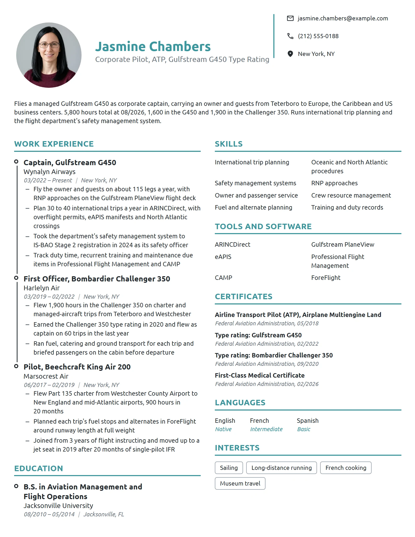 Corporate Pilot resume example