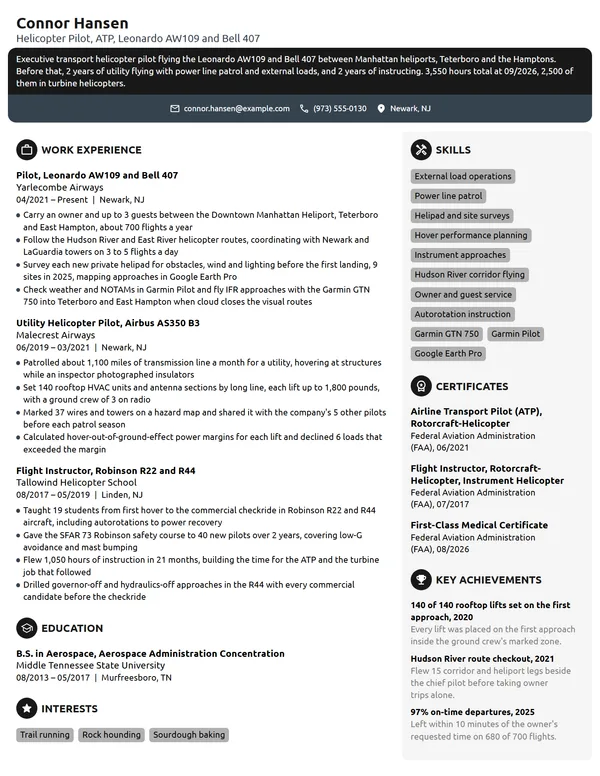 Helicopter Pilot resume example