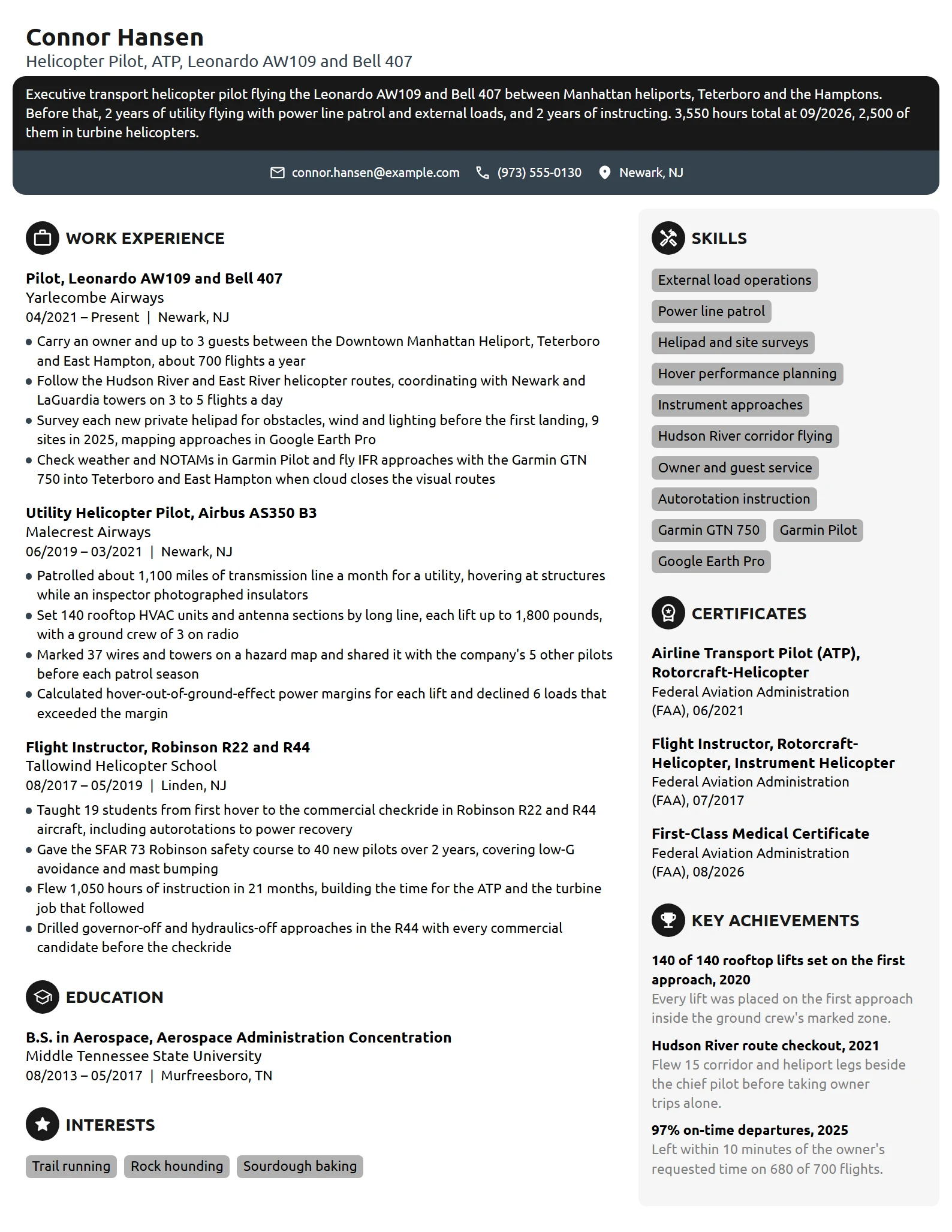 Helicopter Pilot resume example