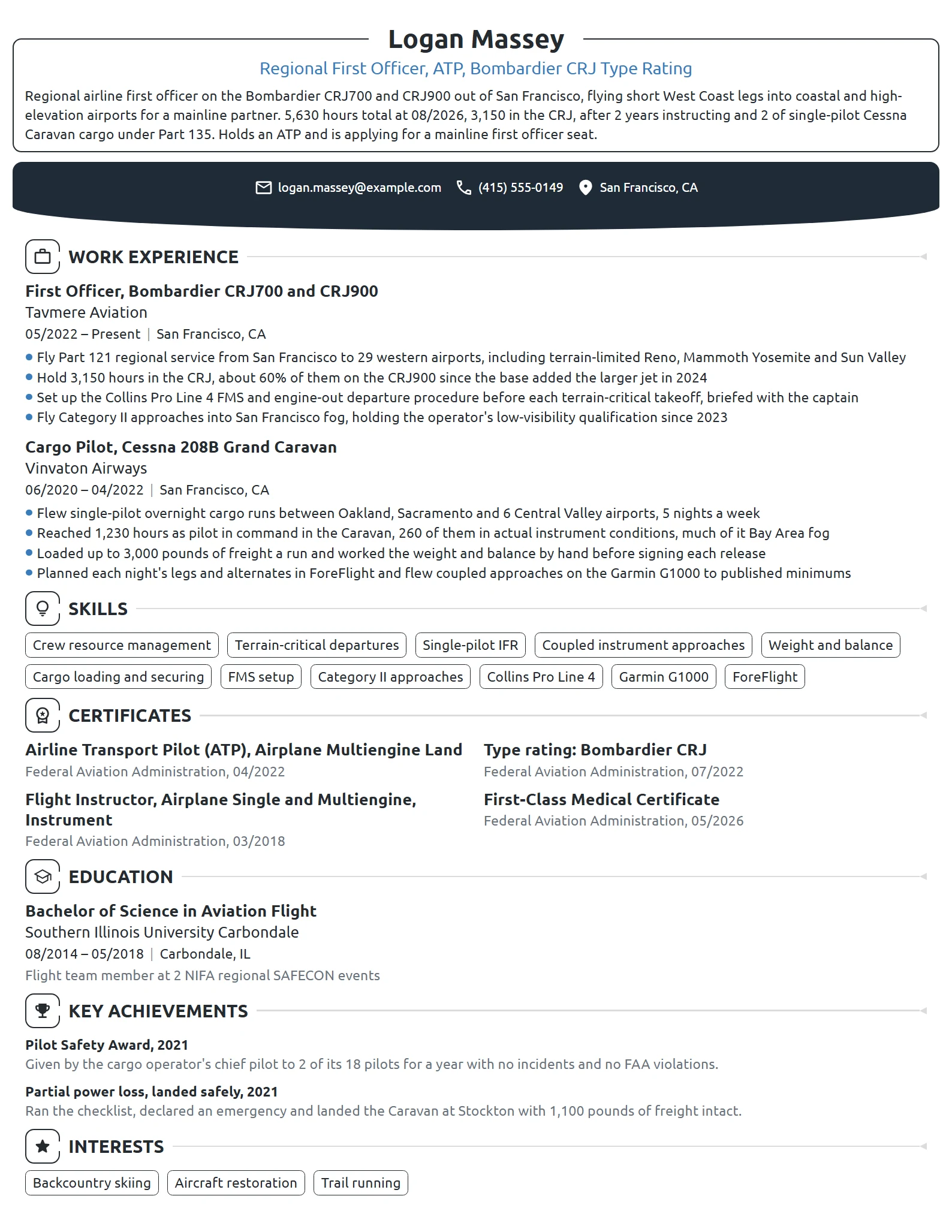 Regional Airline First Officer resume example