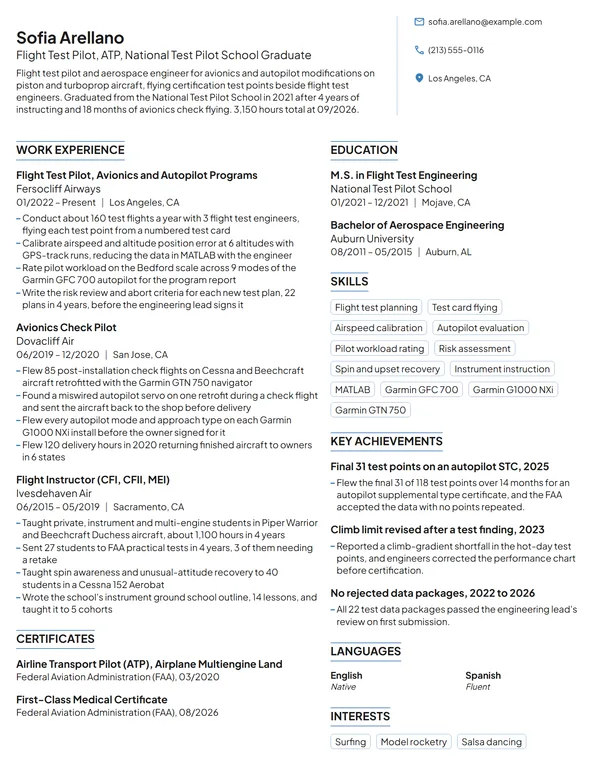 Test Pilot resume example