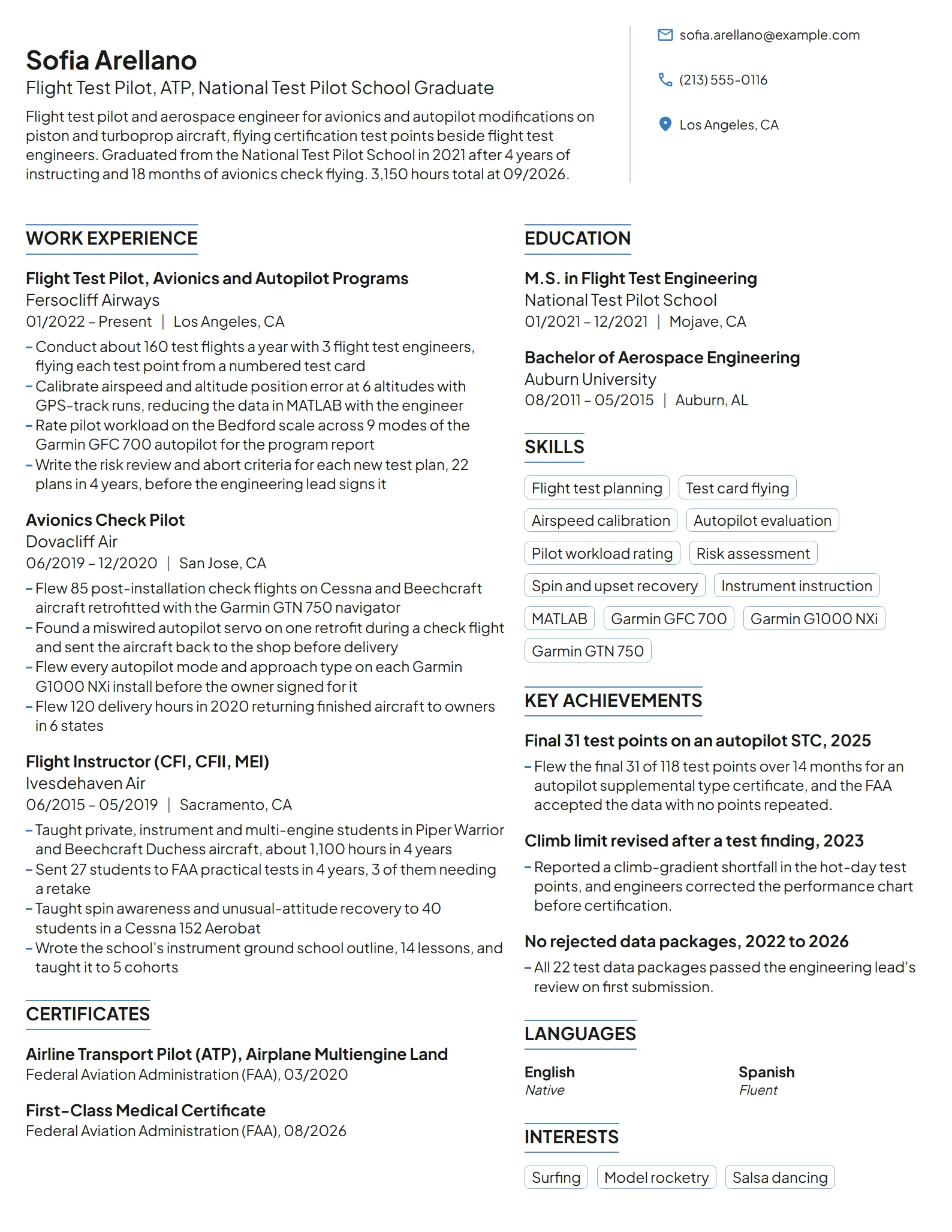 Test Pilot resume example