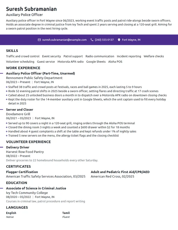 Auxiliary Police Officer resume example