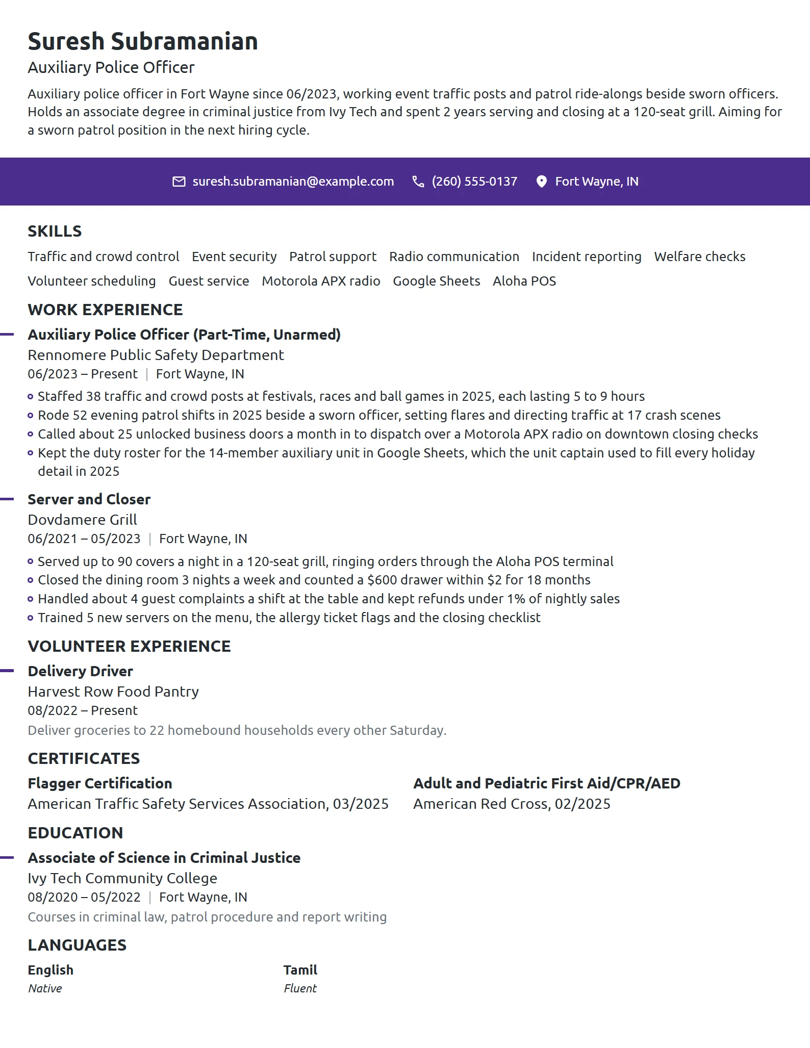 Auxiliary Police Officer resume example