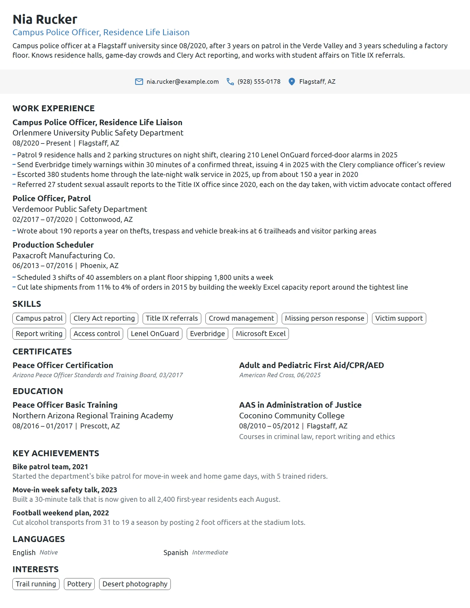 Campus Police Officer resume example